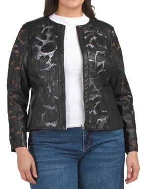 Bagatelle Collection Black Lace-Panel Faux Leather Jacket - Women's